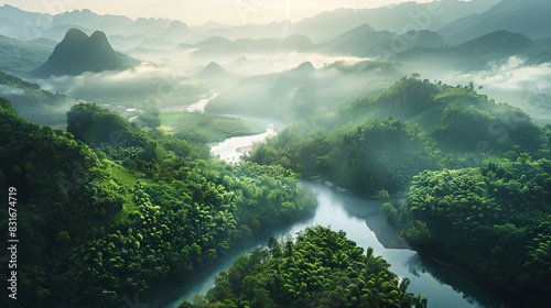 Traditional Chinese landscape with a river valley, lush greenery, winding river, top down perspective, morning mist photo