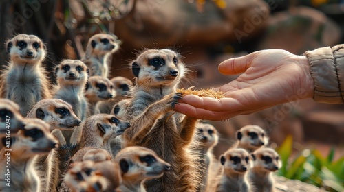 A person is feeding a group of meerkats. photo