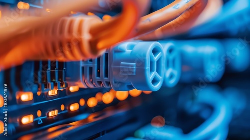 A closeup of an internet network switch in the server room, with orange and blue cables connecting to other equipment. The photo was taken in the style of soft light.
