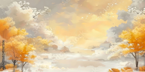 Light yellow background, white clouds and golden trees, white flowers floating floating in the sky, Dreamy autumn landscape with vibrant golden clouds reflecting on a serene lake surrounded by colorfu