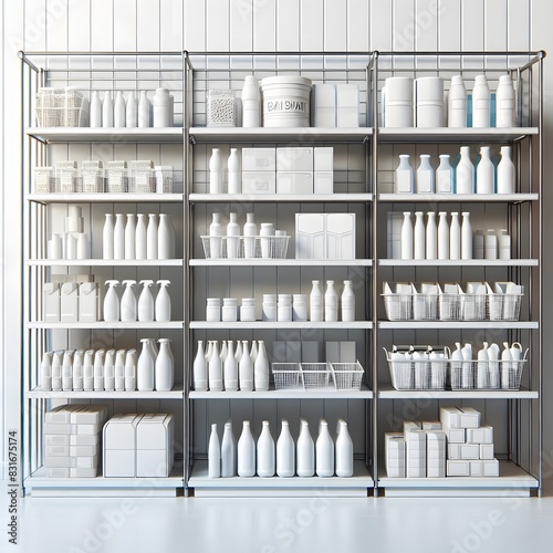 AI Generate of Mockup Supermarket Shelves with mockup blank goods in 3D render.	
