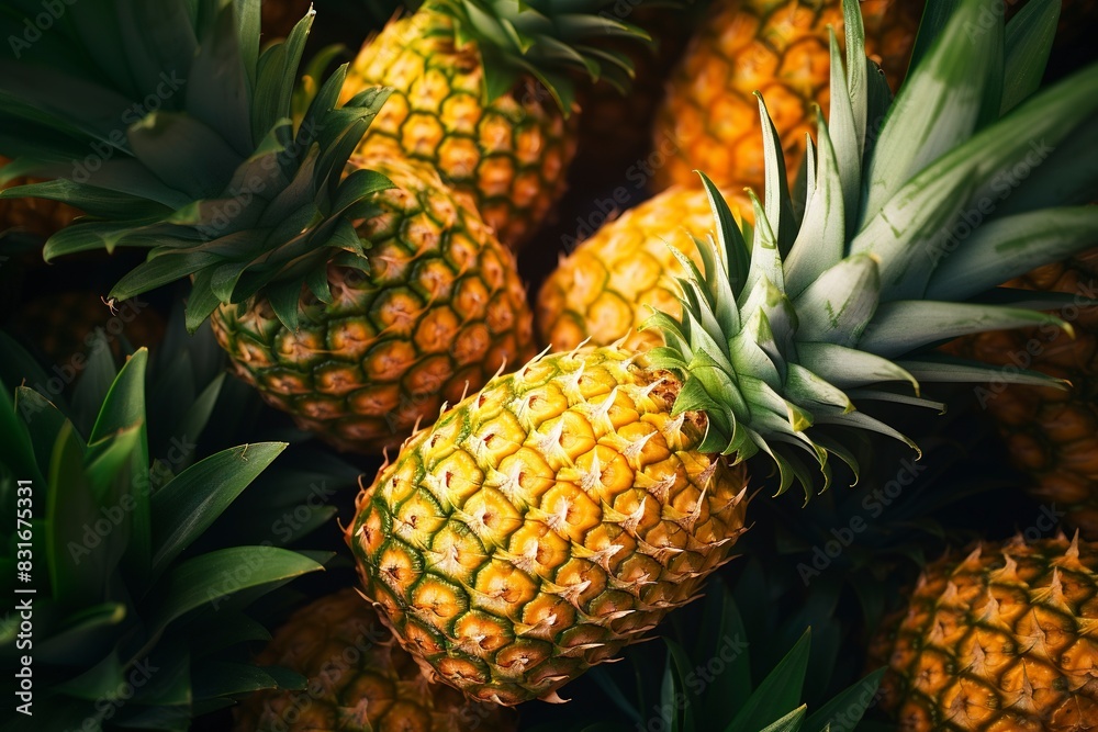 Sliced and half of Pineapple(Ananas comosus) on wooden table with blurred garden background.Sweet, and juicy taste Have a lot of fiber,vitamins C and minerals or healthcare concept , generative ai Sliced and half of Pineapple(Ananas comosus) on wooden table with blurred garden background.Sweet, and juicy taste Have a lot of fiber,vitamins C and minerals or healthcare concept , generative ai