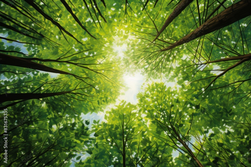 Obraz premium Sunlit Green Majesty Awe-Inspiring View of Tall Forest Trees.j