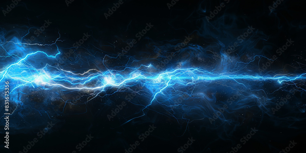 Powerful electric current with vibrant blue lightning bolts arcing across a dark background creating a sense of high energy and intensity with intricate patterns and glowing effects.

