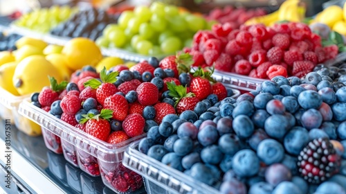 A vibrant display of various fresh fruits including strawberries  blueberries  raspberries  grapes  and lemons at an outdoor market stall