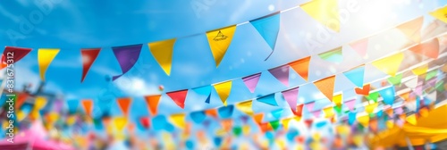 Vibrant outdoor festival scene with colorful triangular pennant flags strung across the frame under a clear blue sky, evoking a festive and joyous atmosphere photo