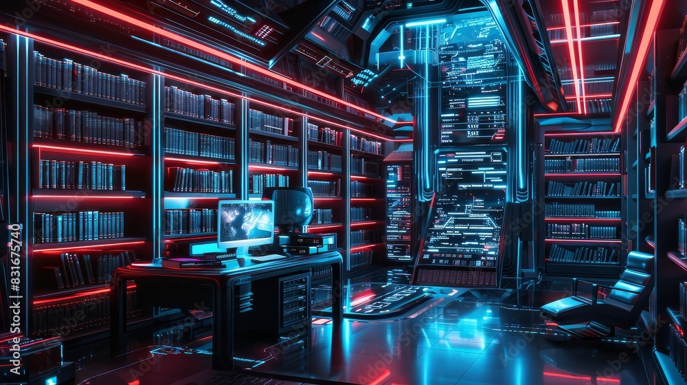 Futuristic server room with glowing red lights - The image shows a modern server room with vibrant red and blue lighting, highlighting advanced technology and cyber security