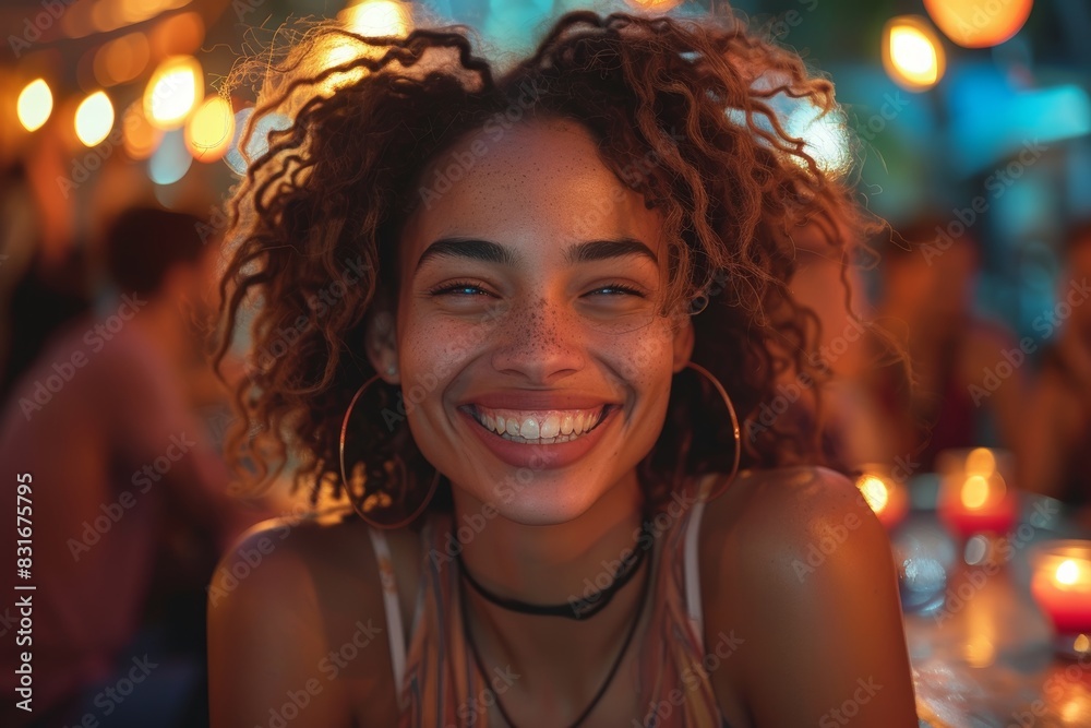 A young woman with curly hair and a beaming smile enjoying an evening at an outdoor caf? under warm, ambient lighting with friends in the background A young woman with curly hair and a beaming smile enjoying an evening at an outdoor caf? under warm, ambient lighting with friends in the background