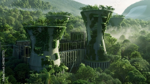 Vertical garden towers in misty jungle setting - The image captures vertical garden towers with abundant plant life  emphasizing vertical living and harmony with nature in a foggy jungle