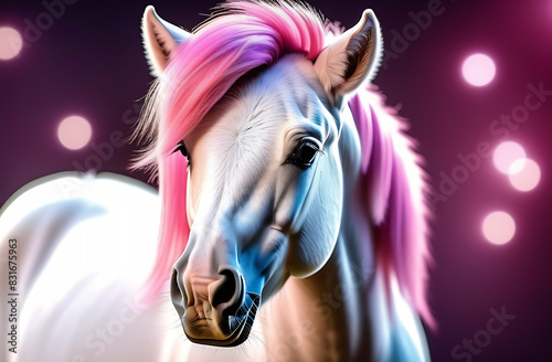 A beautiful horse with a pink mane on a purple background. A concept of fantastic horses