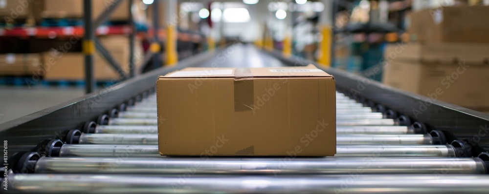 A cardboard box on a conveyor belt in a warehouse. A cardboard box on a conveyor belt in a warehouse.