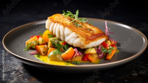 A close-up of pan-seared fish served on a bed of roasted vegetables and a drizzle of sauce.