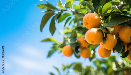 A close-up of ripe oranges on a tree branch against a bright blue sky. The fruit is juicy and vibrant, with green leaves surrounding it.