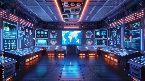 Modern spaceship command center with maps - Space command center with digital maps and high-tech equipment layout