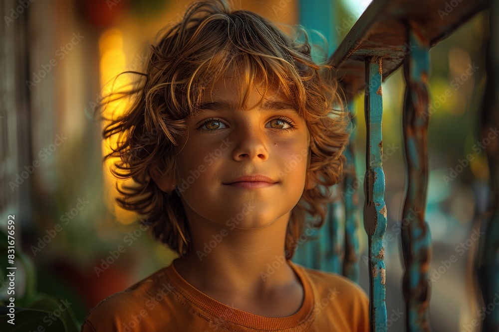 A young child with tousled hair gazes thoughtfully into the distance while leaning against a railing in the soft, golden evening light A young child with tousled hair gazes thoughtfully into the distance while leaning against a railing in the soft, golden evening light
