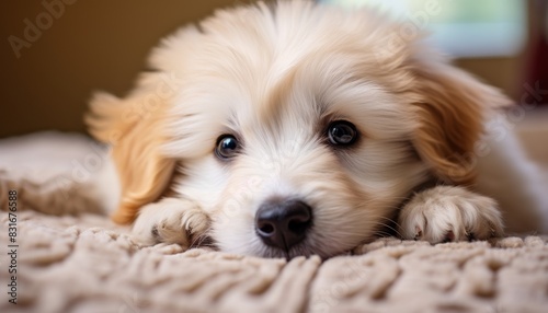 A cute fluffy puppy with big brown eyes lays on a fuzzy rug, looking up with a sweet expression.