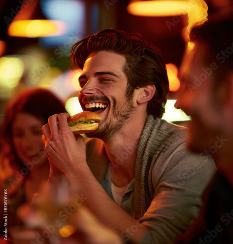 Photo of an attractive man with a beard wearing a shirt eating fast food