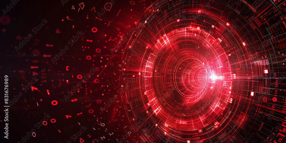 Abstract red circular digital vortex on dark background showcasing high-tech design and futuristic energy
