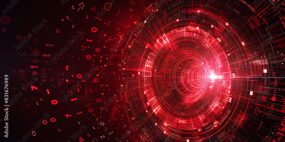 Abstract red circular digital vortex on dark background showcasing high-tech design and futuristic energy
Abstract red circular digital vortex on dark background showcasing high-tech design and futuristic energy