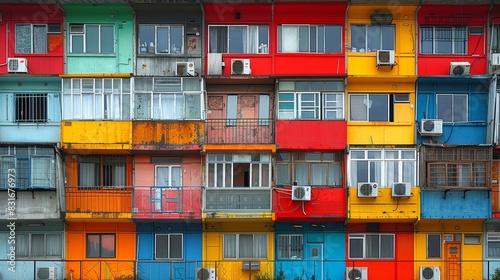 Colorful fa?ade of a residential building showcasing vibrant and diverse apartment designs and textures from red, blue, yellow, and green shades photo