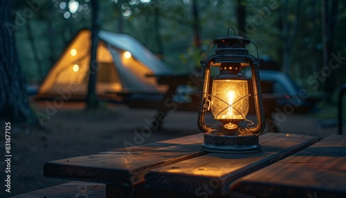 A glowing lantern sits on a wooden picnic table in front of a tent in a forest