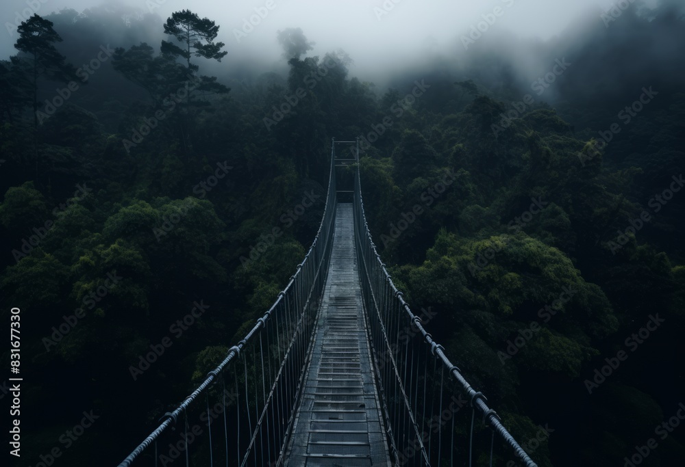 Fototapeta premium Nature’s Corridor Suspension Bridge to Lovely Green Woodland Trees