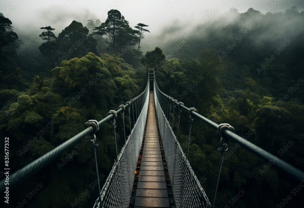 Obraz premium Structural Beauty Suspension Bridge into Green Forest in Australian Landscape