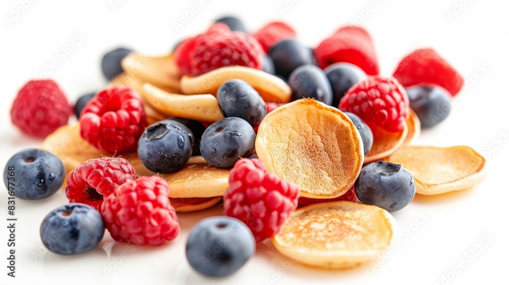 A heap of mini pancakes with fresh blueberries and raspberries on a white background. A heap of mini pancakes with fresh blueberries and raspberries on a white background.