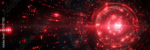 Abstract red circular digital vortex on dark background showcasing high-tech design and futuristic energy
