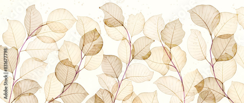 Abstract art background with leaves on a branch in transparent watercolor style. Botanical banner for decoration, print, textile, wallpaper, interior design, poster, packaging.