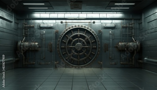 A massive vault door stands in a dimly lit room, with intricate metalwork and a sense of mystery. photo