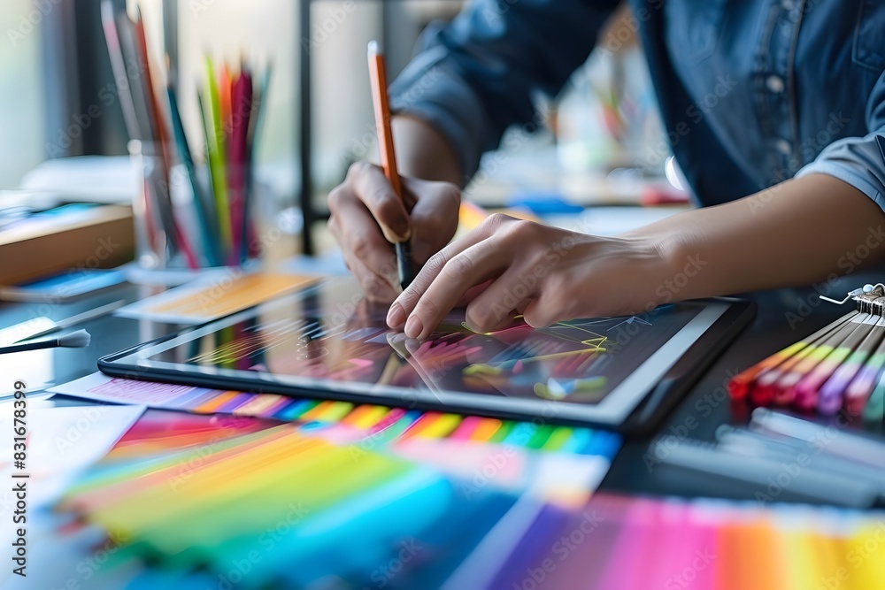 Designer Exploring Digital Creativity on Vibrant Tablet Designer Exploring Digital Creativity on Vibrant Tablet