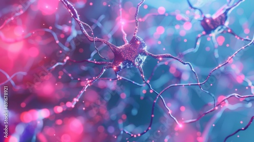 Neural network illustration showcasing interconnected neurons, glowing in vibrant pink and blue hues, representing brain and nervous system complexity.
