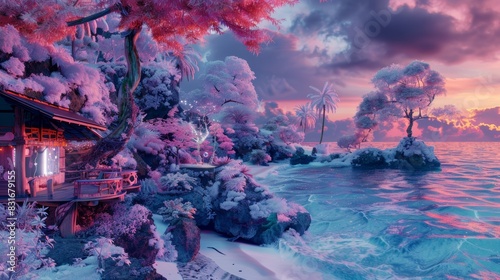 Dreamy, fantastical winter beach scene with surreal pinks and purples, blending snowy trees, a cozy cabin, and a serene sunset.