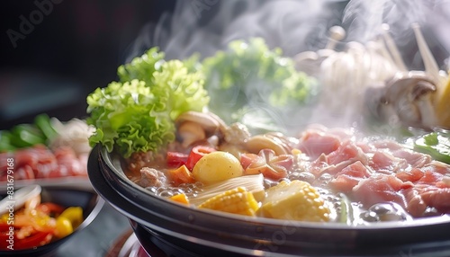 A steaming hot pot filled with meat, vegetables, and mushrooms.