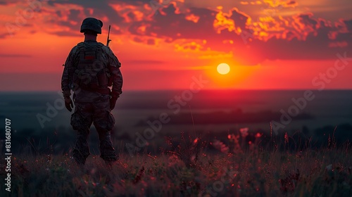 A silhouette of a soldier at sunset
