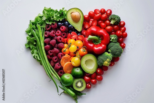 Fresh fruits and vegetables arranged in a heart shape - Generative AI