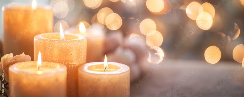Warm cozy atmosphere with two lit candles in glass holders against a background of glowing bokeh lights, perfect for relaxation and serenity. Warm cozy atmosphere with two lit candles in glass holders against a background of glowing bokeh lights, perfect for relaxation and serenity.