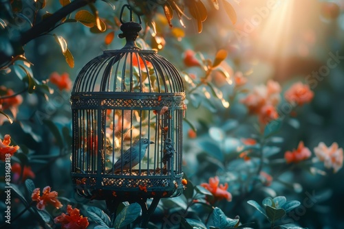 A tranquil scene of a beautifully crafted vintage birdcage with a delicate bird inside, surrounded by vibrant flowers in a sunlit garden photo