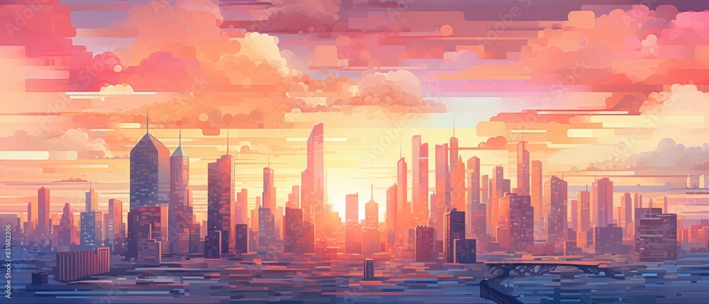Cityscape at sunset with colorful clouds.