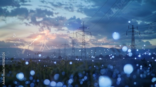 A landscape with tered lightning rods indicating the widespread distribution and decentralization of energy sources.
