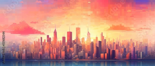 Cityscape silhouette at sunset with colorful sky.