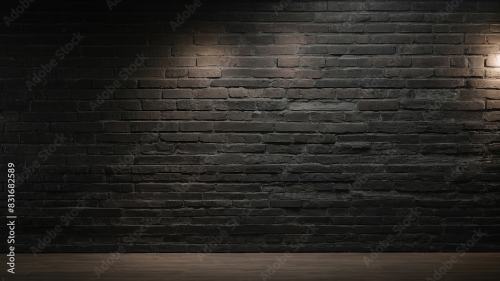 Atmospheric spotlight gradient of light on dark brick wall with wooden floor Atmospheric spotlight gradient of light on dark brick wall with wooden floor