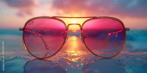 An eye-catching image of stylish, pink-tinted aviator sunglasses set against a breathtaking beach sunset with a vibrant and colorful sky reflecting off the water © aicandy