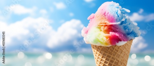 Colorful ice cream cone against a blue sky with white clouds.