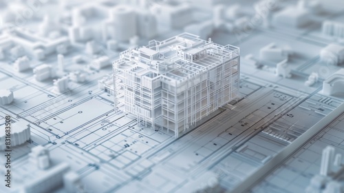 A detailed 3D architectural model of a modern building stands over a technical blueprint in an urban planning concept.