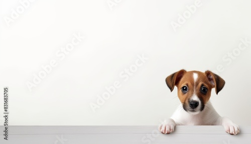 Cute puppy peeking over a white surface with copy space.  Perfect for pet product advertising or animal-themed designs. © narak0rn
