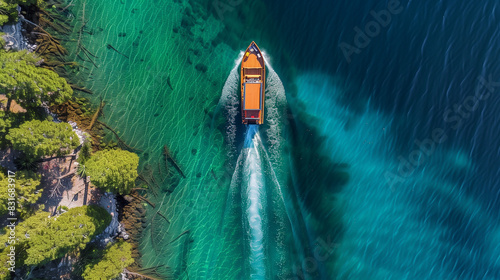 Drone view of a boat sailing across the blue clear waters of lake Tahoe California photo