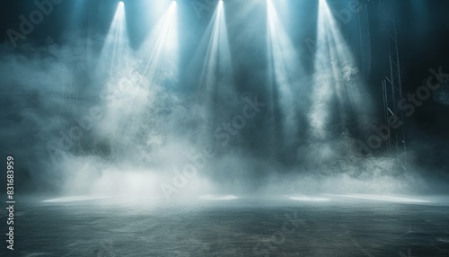 Dramatic empty stage with four spotlights and smoke creating an atmospheric scene. Perfect for theatrical or concert background imagery. photo