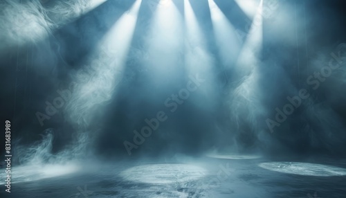 Dramatic stage illuminated by spotlights amid foggy ambiance  perfect for concert or performance themes.